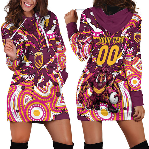 Personalised Brisbane Broncos Rugby Hoodie Dress Aboriginal Art Style Pink And Gold Patterned Graphics