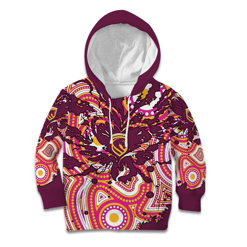 Personalised Brisbane Broncos Rugby Kid Hoodie Aboriginal Art Style Pink And Gold Patterned Graphics