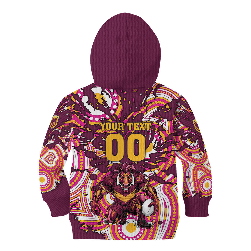 Personalised Brisbane Broncos Rugby Kid Hoodie Aboriginal Art Style Pink And Gold Patterned Graphics