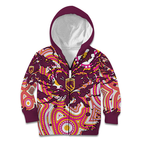 Personalised Brisbane Broncos Rugby Kid Hoodie Aboriginal Art Style Pink And Gold Patterned Graphics