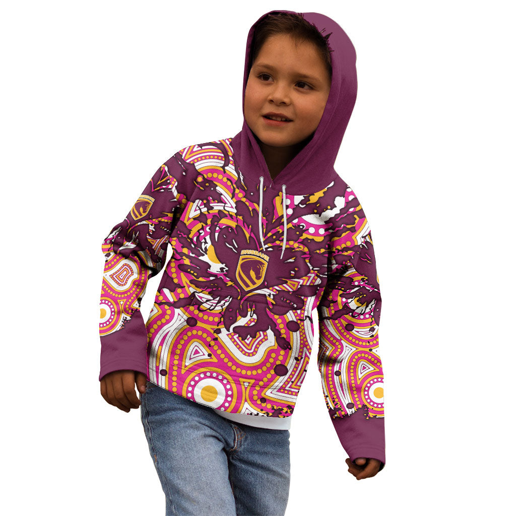 Personalised Brisbane Broncos Rugby Kid Hoodie Aboriginal Art Style Pink And Gold Patterned Graphics
