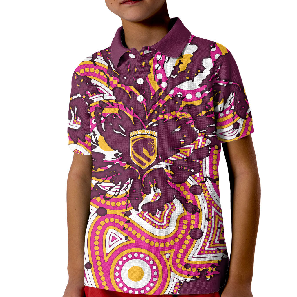 Personalised Brisbane Broncos Rugby Kid Polo Shirt Aboriginal Art Style Pink And Gold Patterned Graphics