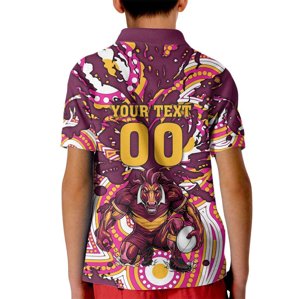 Personalised Brisbane Broncos Rugby Kid Polo Shirt Aboriginal Art Style Pink And Gold Patterned Graphics