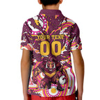 Personalised Brisbane Broncos Rugby Kid Polo Shirt Aboriginal Art Style Pink And Gold Patterned Graphics