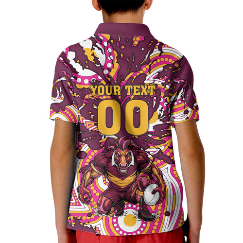 Personalised Brisbane Broncos Rugby Kid Polo Shirt Aboriginal Art Style Pink And Gold Patterned Graphics