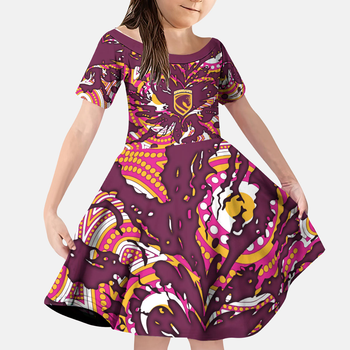 Personalised Brisbane Broncos Rugby Kid Short Sleeve Dress Aboriginal Art Style Pink And Gold Patterned Graphics