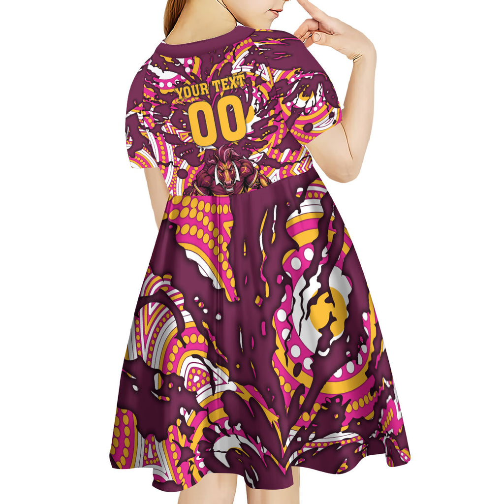 Personalised Brisbane Broncos Rugby Kid Short Sleeve Dress Aboriginal Art Style Pink And Gold Patterned Graphics