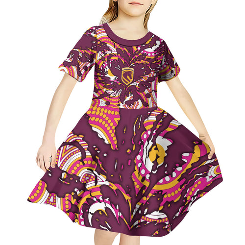 Personalised Brisbane Broncos Rugby Kid Short Sleeve Dress Aboriginal Art Style Pink And Gold Patterned Graphics