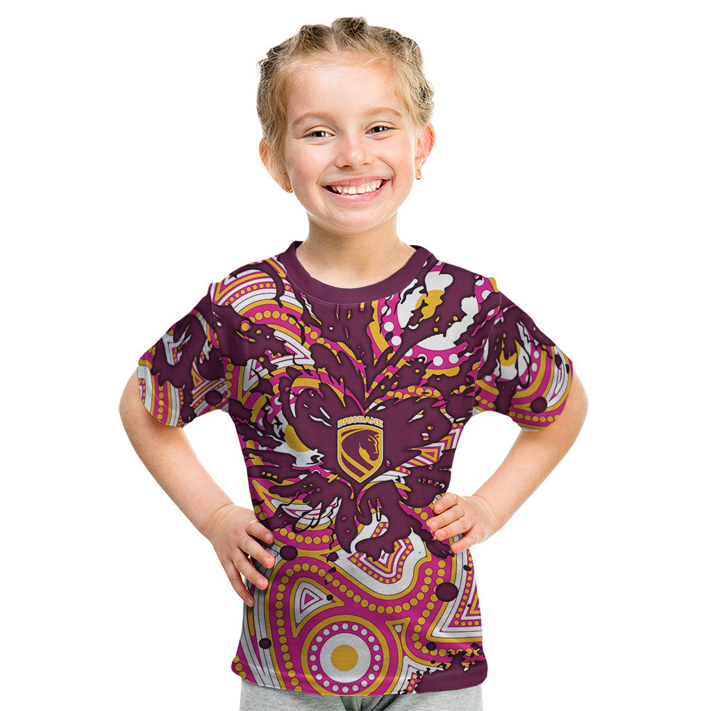 Personalised Brisbane Broncos Rugby Kid T Shirt Aboriginal Art Style Pink And Gold Patterned Graphics