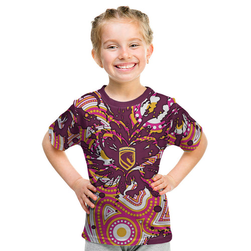 Personalised Brisbane Broncos Rugby Kid T Shirt Aboriginal Art Style Pink And Gold Patterned Graphics