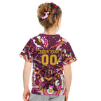 Personalised Brisbane Broncos Rugby Kid T Shirt Aboriginal Art Style Pink And Gold Patterned Graphics