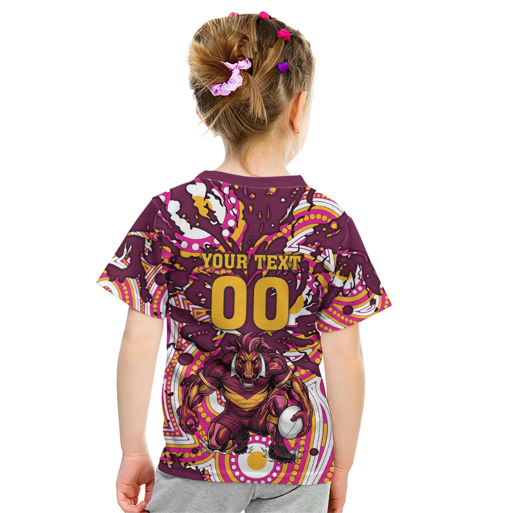 Personalised Brisbane Broncos Rugby Kid T Shirt Aboriginal Art Style Pink And Gold Patterned Graphics