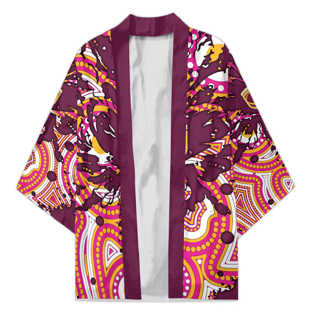 Personalised Brisbane Broncos Rugby Kimono Aboriginal Art Style Pink And Gold Patterned Graphics