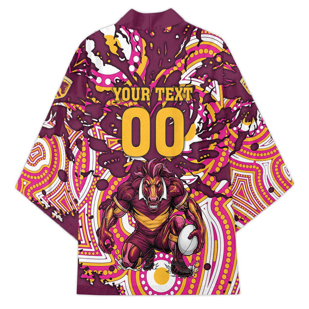 Personalised Brisbane Broncos Rugby Kimono Aboriginal Art Style Pink And Gold Patterned Graphics