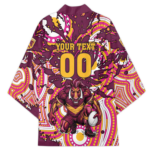 Personalised Brisbane Broncos Rugby Kimono Aboriginal Art Style Pink And Gold Patterned Graphics