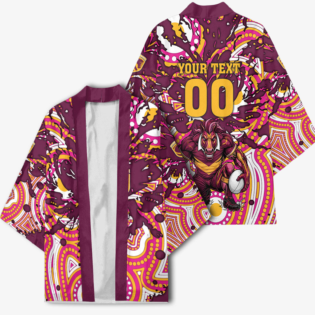 Personalised Brisbane Broncos Rugby Kimono Aboriginal Art Style Pink And Gold Patterned Graphics