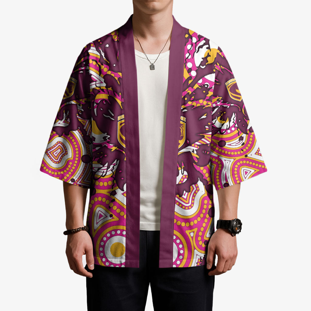 Personalised Brisbane Broncos Rugby Kimono Aboriginal Art Style Pink And Gold Patterned Graphics