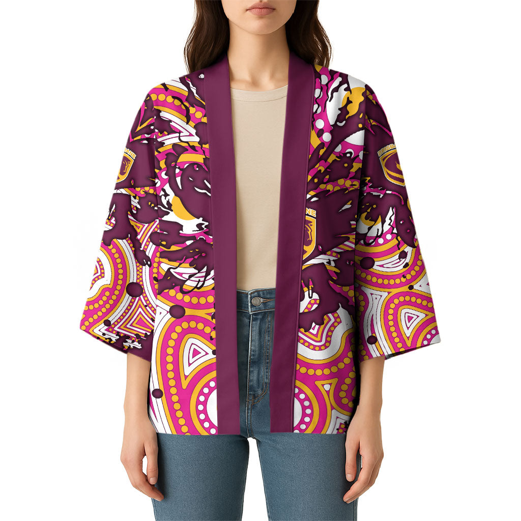 Personalised Brisbane Broncos Rugby Kimono Aboriginal Art Style Pink And Gold Patterned Graphics