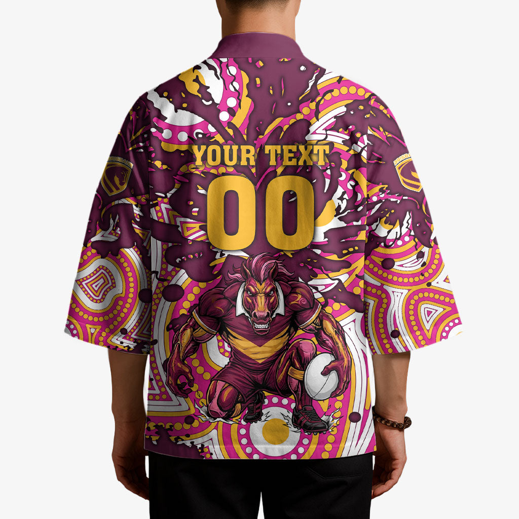 Personalised Brisbane Broncos Rugby Kimono Aboriginal Art Style Pink And Gold Patterned Graphics
