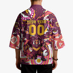 Personalised Brisbane Broncos Rugby Kimono Aboriginal Art Style Pink And Gold Patterned Graphics