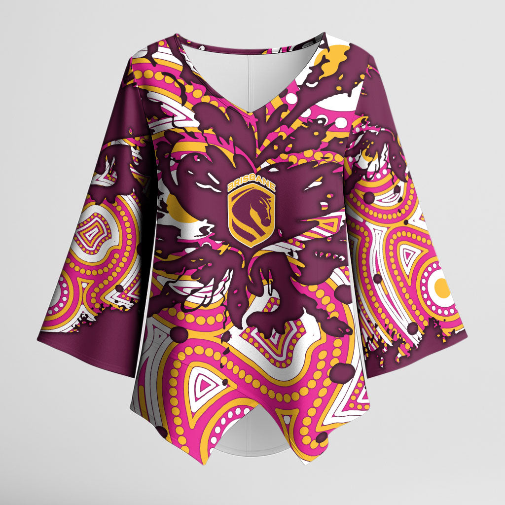 Personalised Brisbane Broncos Rugby Kimono Sleeve Blouse Aboriginal Art Style Pink And Gold Patterned Graphics