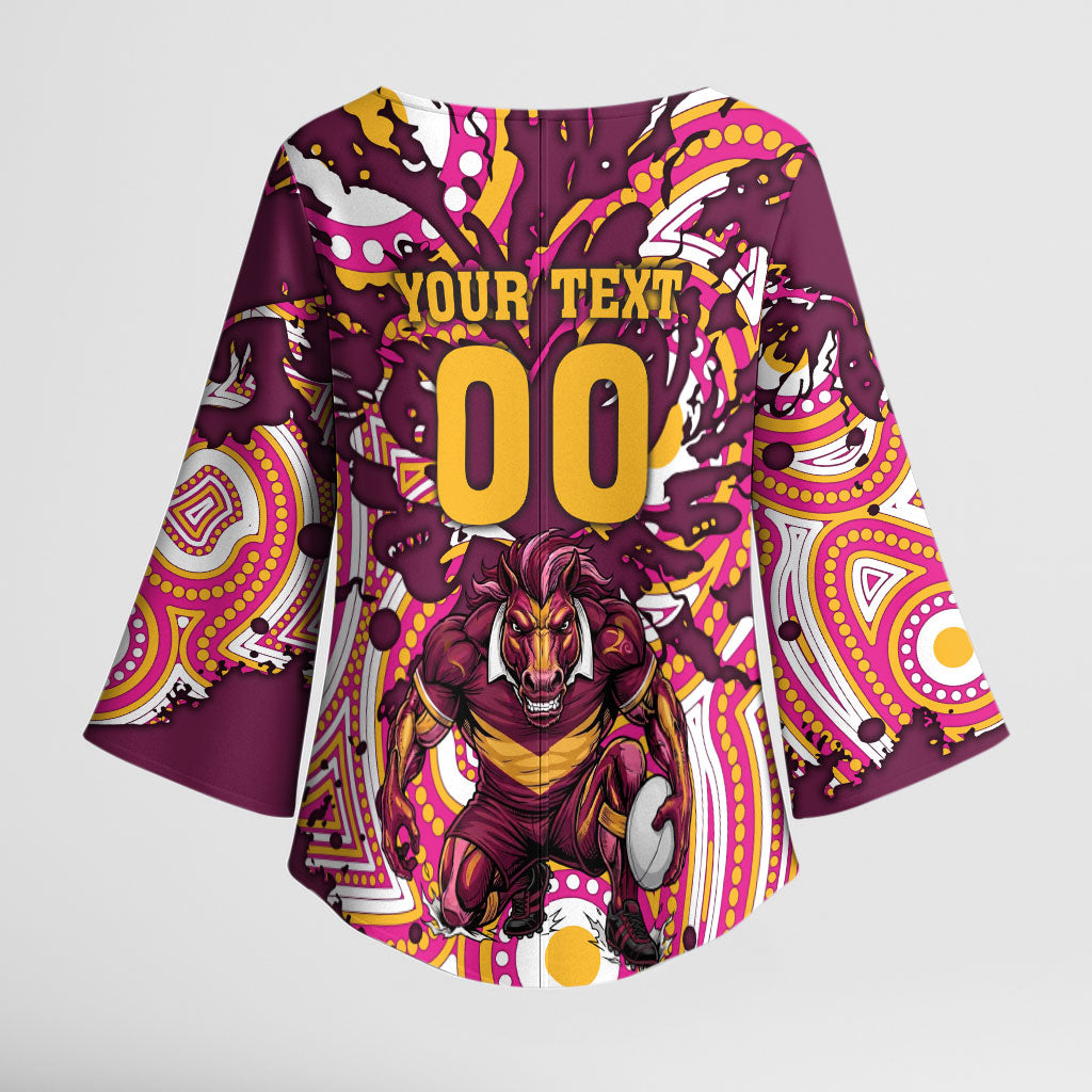 Personalised Brisbane Broncos Rugby Kimono Sleeve Blouse Aboriginal Art Style Pink And Gold Patterned Graphics