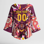 Personalised Brisbane Broncos Rugby Kimono Sleeve Blouse Aboriginal Art Style Pink And Gold Patterned Graphics