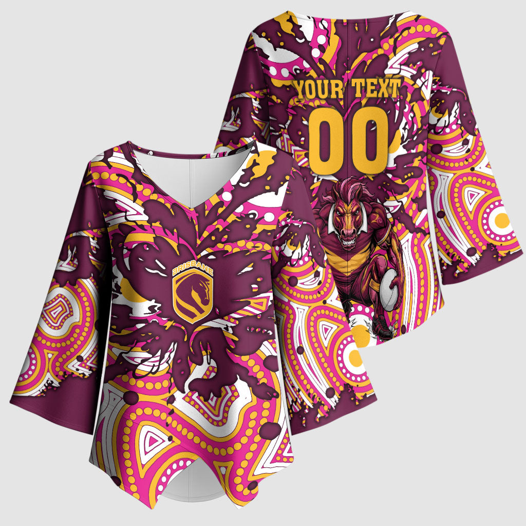 Personalised Brisbane Broncos Rugby Kimono Sleeve Blouse Aboriginal Art Style Pink And Gold Patterned Graphics