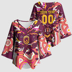 Personalised Brisbane Broncos Rugby Kimono Sleeve Blouse Aboriginal Art Style Pink And Gold Patterned Graphics