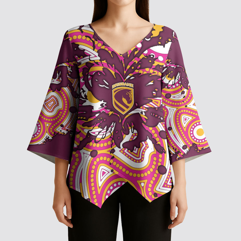 Personalised Brisbane Broncos Rugby Kimono Sleeve Blouse Aboriginal Art Style Pink And Gold Patterned Graphics