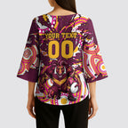 Personalised Brisbane Broncos Rugby Kimono Sleeve Blouse Aboriginal Art Style Pink And Gold Patterned Graphics