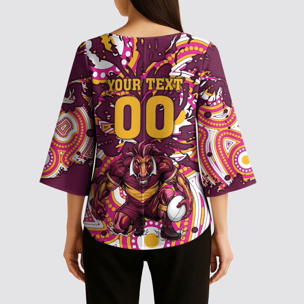 Personalised Brisbane Broncos Rugby Kimono Sleeve Blouse Aboriginal Art Style Pink And Gold Patterned Graphics