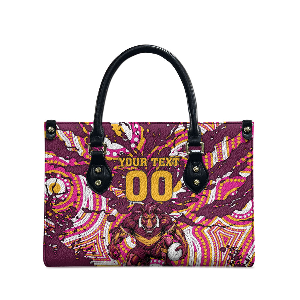 Personalised Brisbane Broncos Rugby Leather Bag Aboriginal Art Style Pink And Gold Patterned Graphics