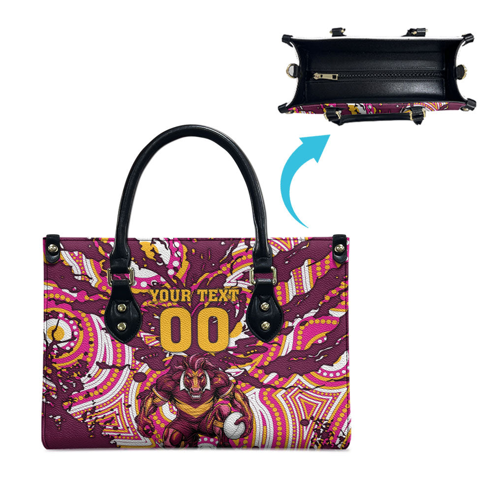 Personalised Brisbane Broncos Rugby Leather Bag Aboriginal Art Style Pink And Gold Patterned Graphics