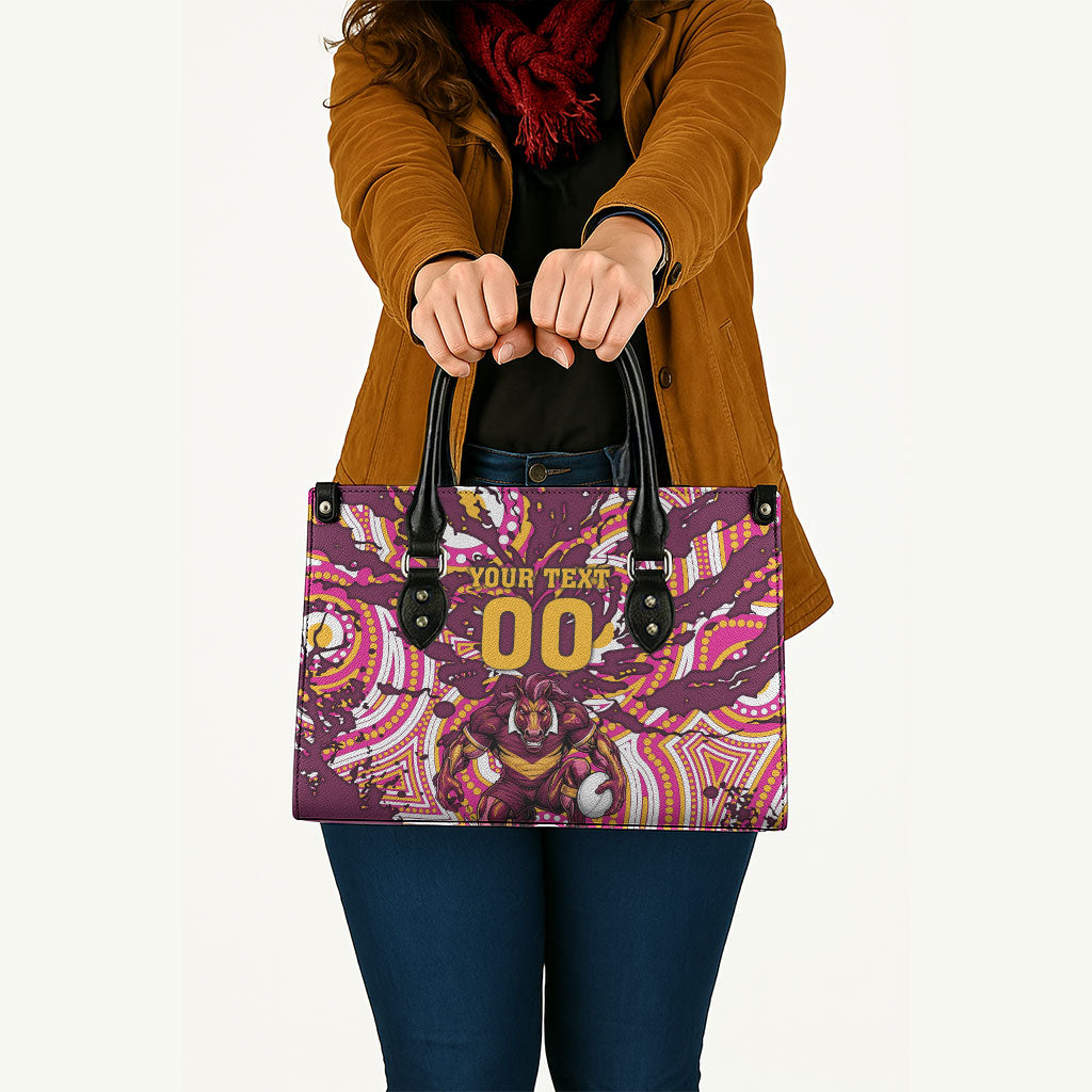 Personalised Brisbane Broncos Rugby Leather Bag Aboriginal Art Style Pink And Gold Patterned Graphics