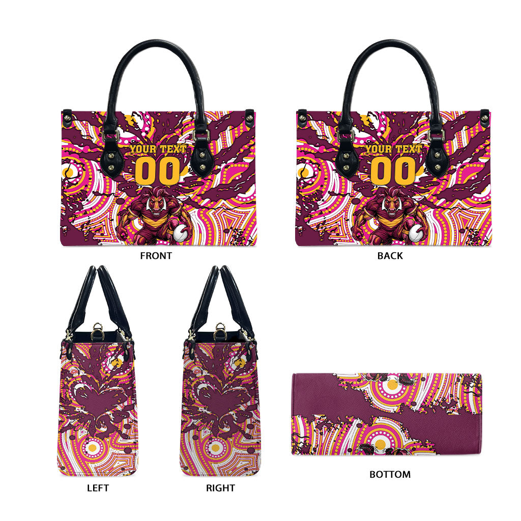 Personalised Brisbane Broncos Rugby Leather Bag Aboriginal Art Style Pink And Gold Patterned Graphics