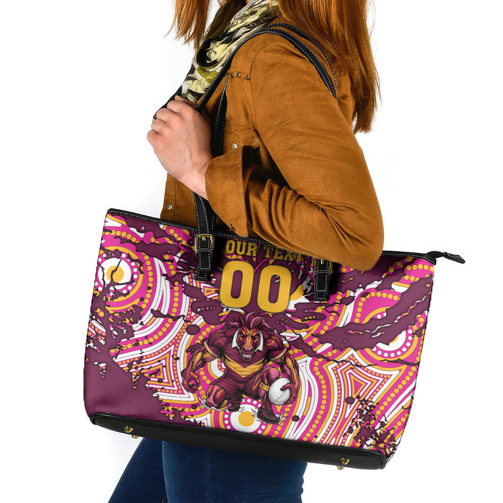 Personalised Brisbane Broncos Rugby Leather Tote Bag Aboriginal Art Style Pink And Gold Patterned Graphics