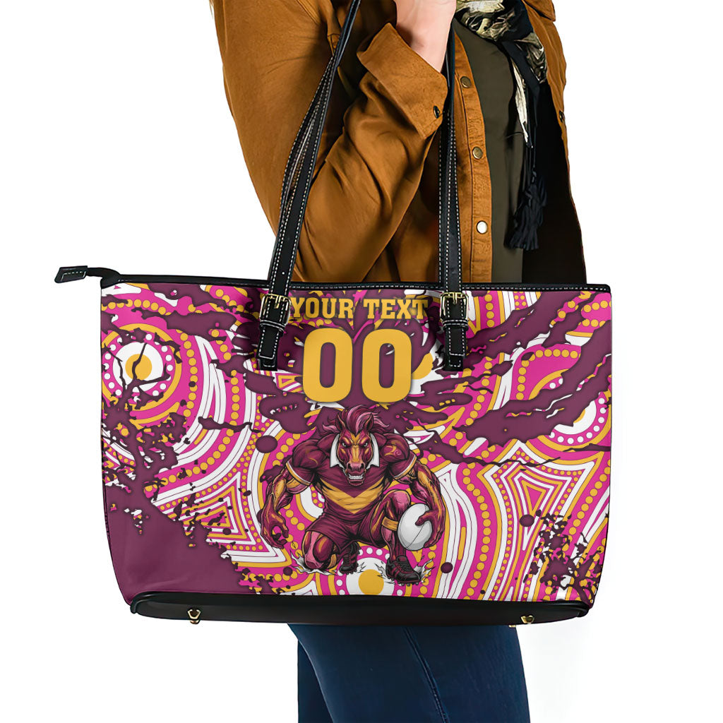 Personalised Brisbane Broncos Rugby Leather Tote Bag Aboriginal Art Style Pink And Gold Patterned Graphics