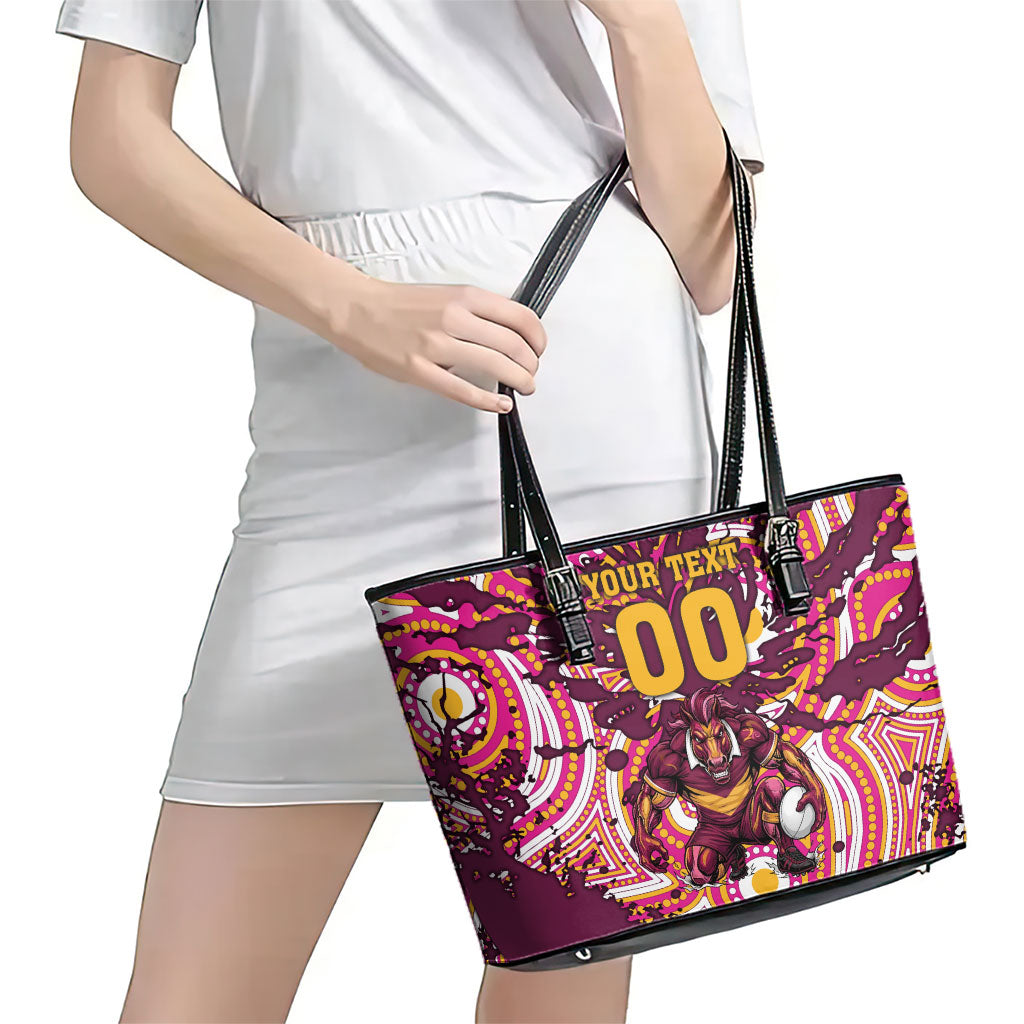 Personalised Brisbane Broncos Rugby Leather Tote Bag Aboriginal Art Style Pink And Gold Patterned Graphics