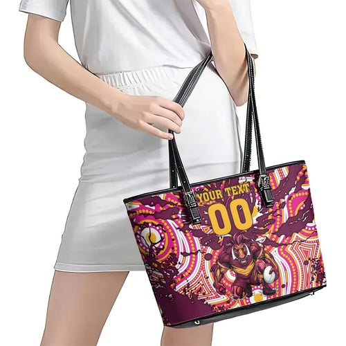 Personalised Brisbane Broncos Rugby Leather Tote Bag Aboriginal Art Style Pink And Gold Patterned Graphics