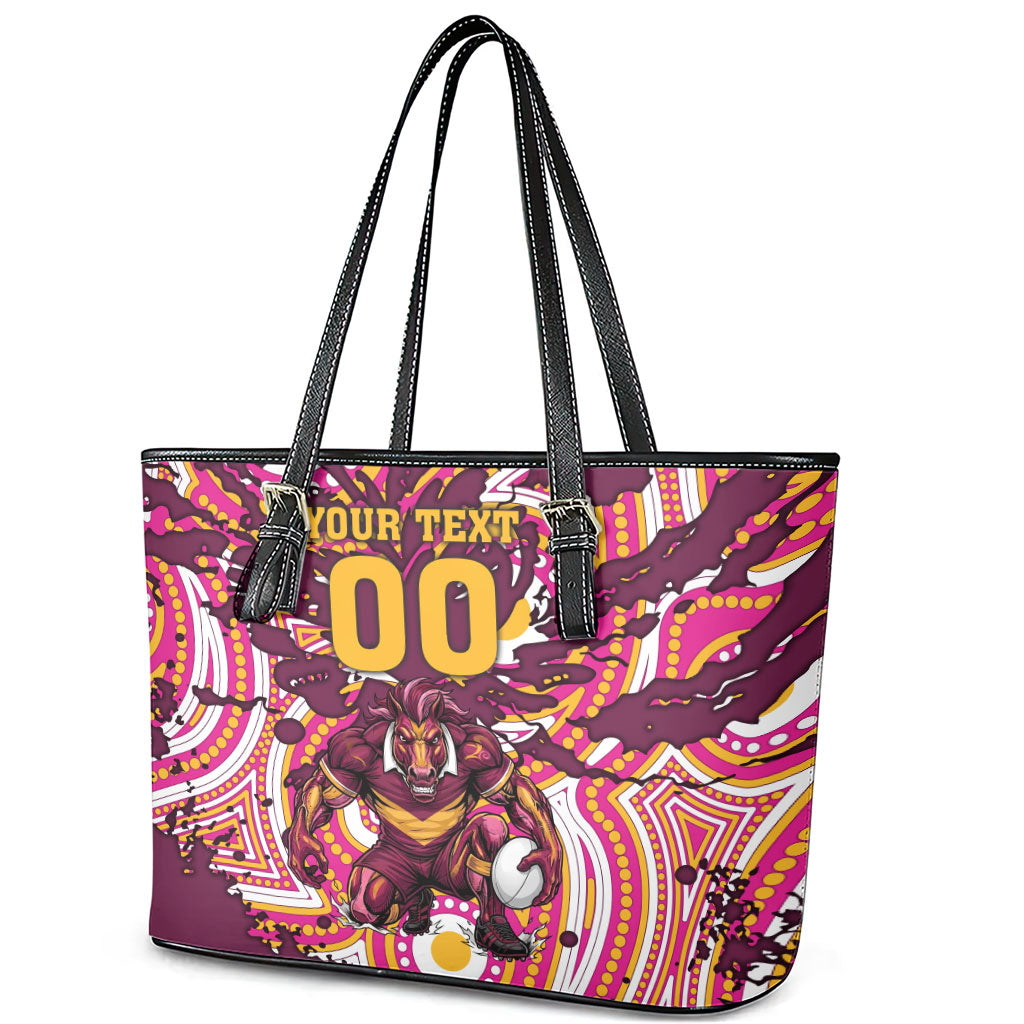 Personalised Brisbane Broncos Rugby Leather Tote Bag Aboriginal Art Style Pink And Gold Patterned Graphics