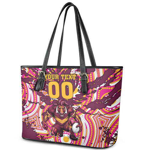 Personalised Brisbane Broncos Rugby Leather Tote Bag Aboriginal Art Style Pink And Gold Patterned Graphics
