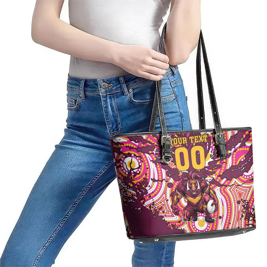 Personalised Brisbane Broncos Rugby Leather Tote Bag Aboriginal Art Style Pink And Gold Patterned Graphics