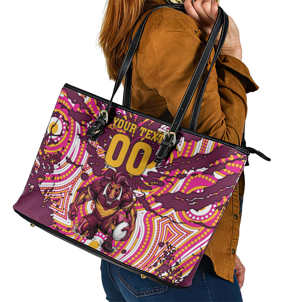 Personalised Brisbane Broncos Rugby Leather Tote Bag Aboriginal Art Style Pink And Gold Patterned Graphics