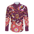 Personalised Brisbane Broncos Rugby Long Sleeve Button Shirt Aboriginal Art Style Pink And Gold Patterned Graphics