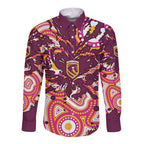 Personalised Brisbane Broncos Rugby Long Sleeve Button Shirt Aboriginal Art Style Pink And Gold Patterned Graphics