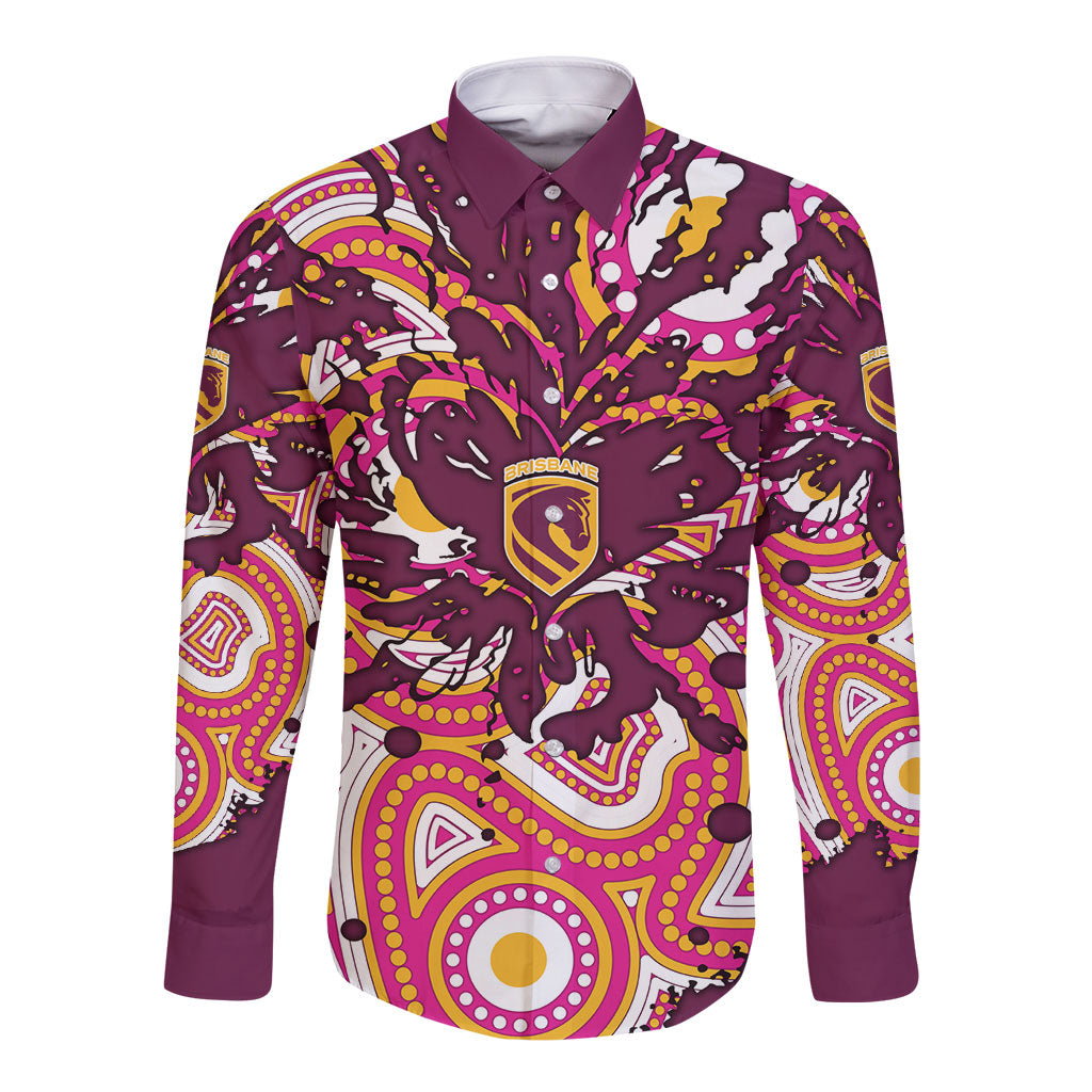 Personalised Brisbane Broncos Rugby Long Sleeve Button Shirt Aboriginal Art Style Pink And Gold Patterned Graphics