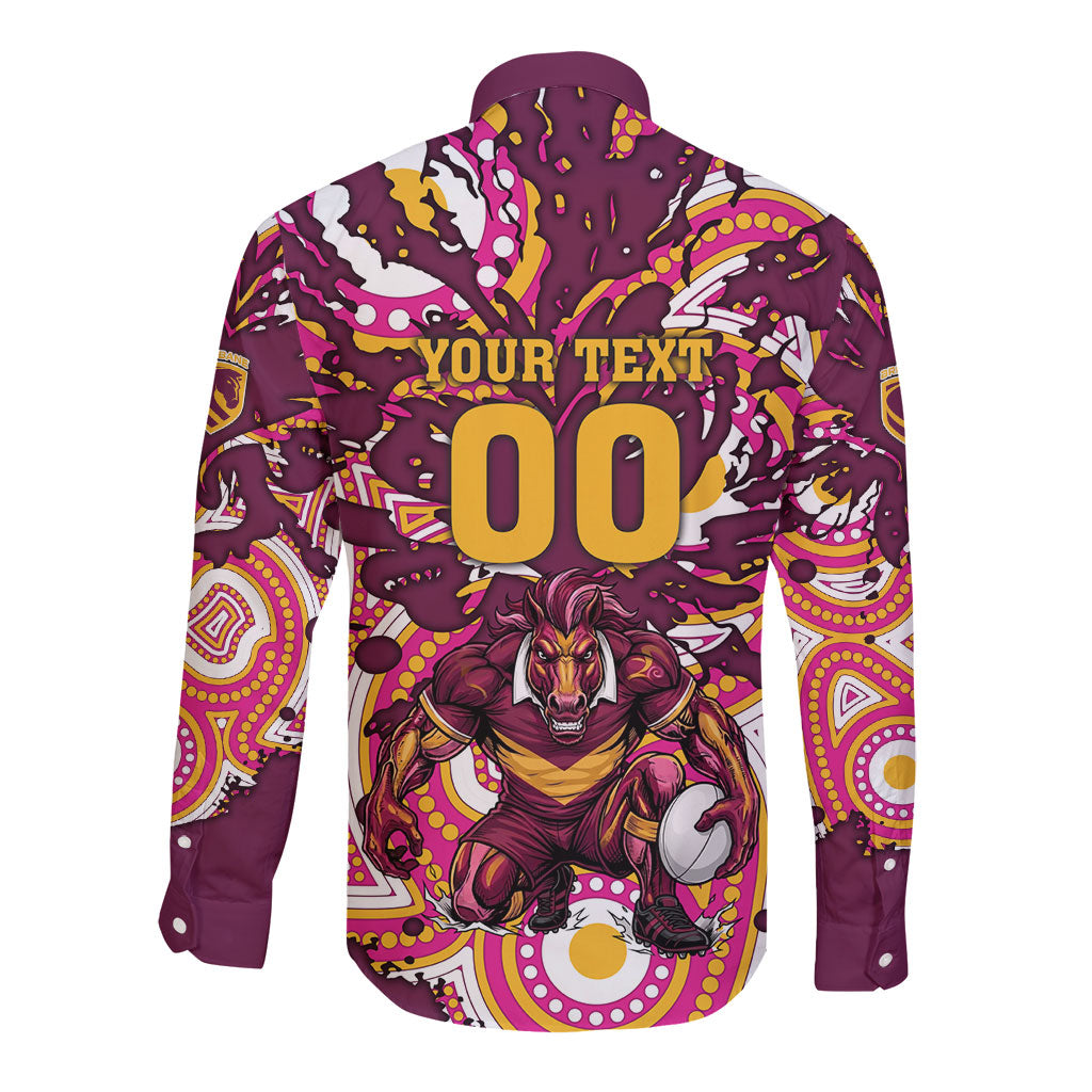 Personalised Brisbane Broncos Rugby Long Sleeve Button Shirt Aboriginal Art Style Pink And Gold Patterned Graphics