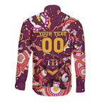 Personalised Brisbane Broncos Rugby Long Sleeve Button Shirt Aboriginal Art Style Pink And Gold Patterned Graphics