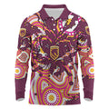 Personalised Brisbane Broncos Rugby Long Sleeve Polo Shirt Aboriginal Art Style Pink And Gold Patterned Graphics
